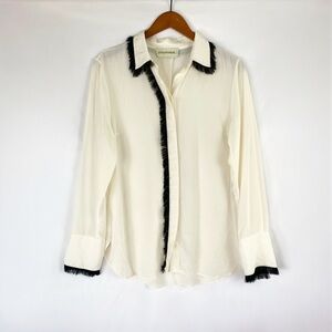 Malene‎ Birger Silk Fringe Trimmed Top Collared Ivory Long Sleeve Button Down